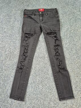 Royal Bones Black Distressed Skinny Jeans with Fishnet Inset